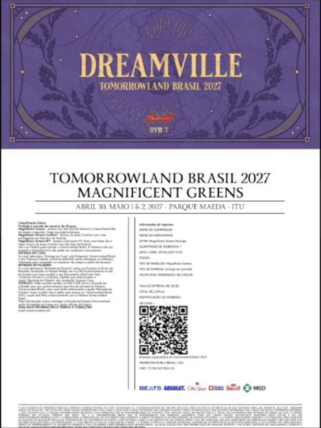 Exemplo de e-ticket em PDF do Tomorrowland Brasil 2027