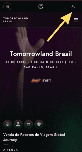 Página do Tomorrowland Brasil com o ícone da conta indicado no canto superior direito