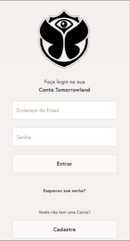 Tela de login da conta Tomorrowland com os campos de e-mail e senha