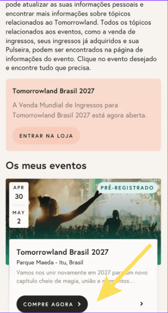 Tomorrowland Brasil 2027 em Os meus eventos com o botão Compre agora indicado