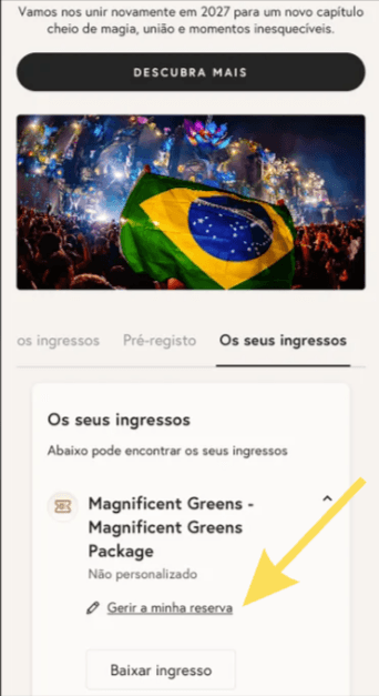 Área Os seus ingressos com o link para gerir a reserva indicado