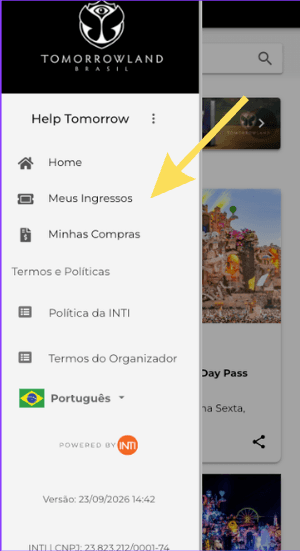 Menu da loja da INTI com a opção Meus Ingressos indicada