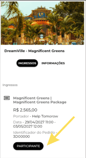 Detalhes do ingresso com o botão PARTICIPANTE indicado