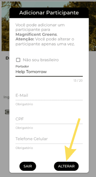 Formulário Adicionar Participante com o botão ALTERAR indicado