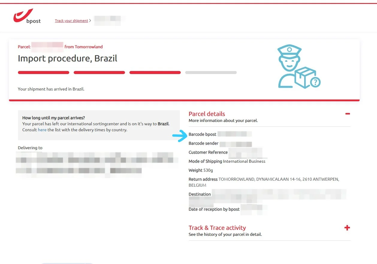 Print do rastreio da Bpost mostrando onde encontrar o Barcode bpost