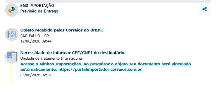 Print do site dos Correios solicitando vinculação da encomenda ao CPF ou CNPJ